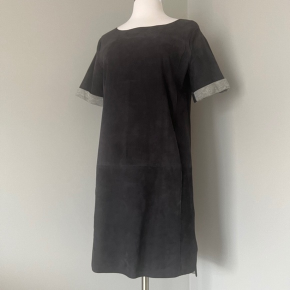 VINCE Navy Bonded Suede Night Out Navy Shift High Low Goat Leather Dress - Picture 3 of 15